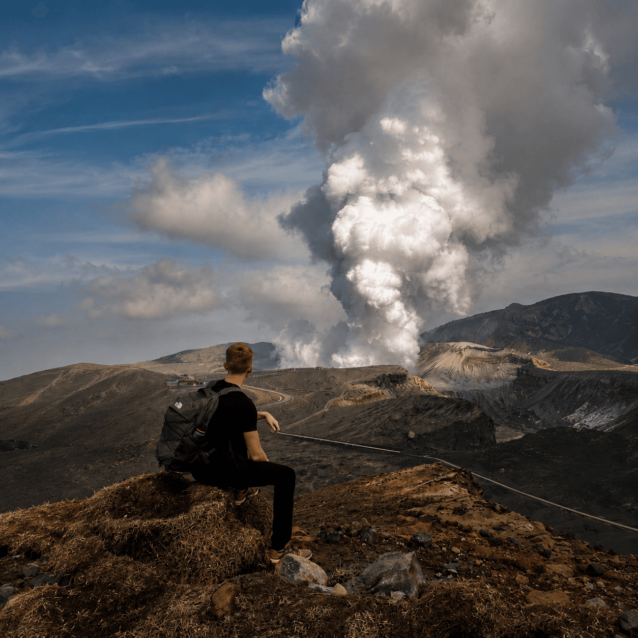 En face d'un volcan en éruption au Japon